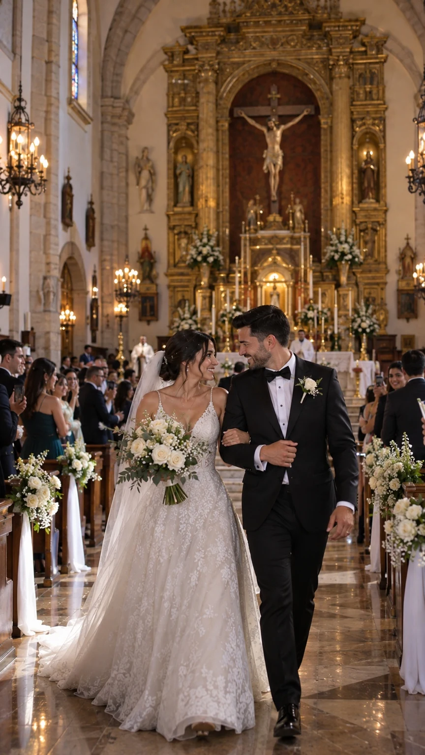 Novios caminando del brazo dentro de una iglesia frente al altar