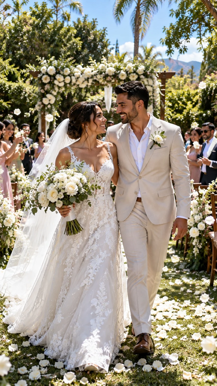 Novios con vestimenta blanca y beige caminando entre flores e invitados en un jardín
