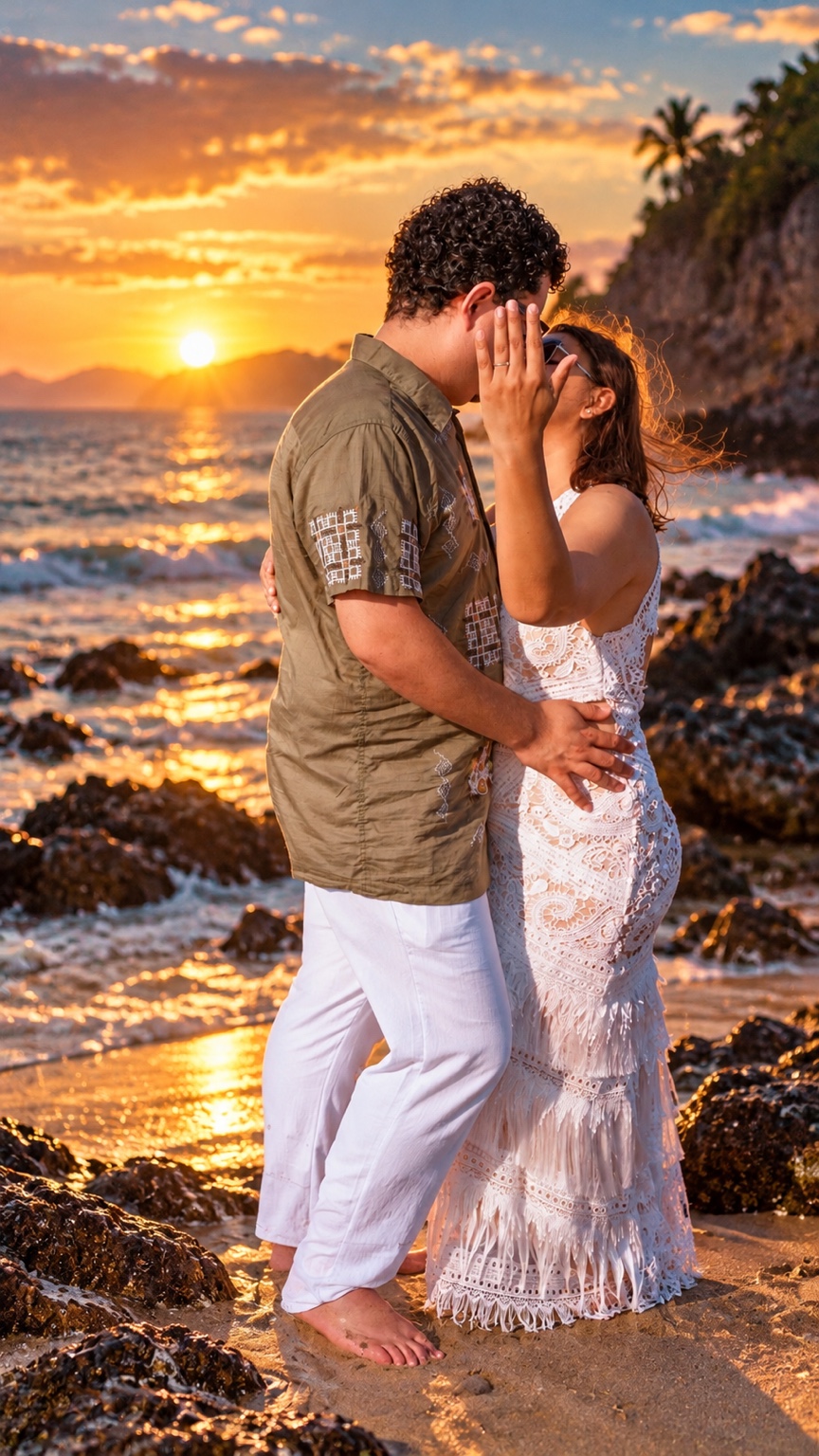 Pareja besándose junto a las rocas de la playa con el sol del atardecer reflejado en el mar