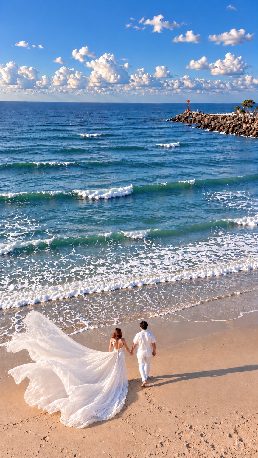 Vista aérea de una pareja caminando de la mano junto a las olas, con un vestido blanco de cola larga extendido por la arena