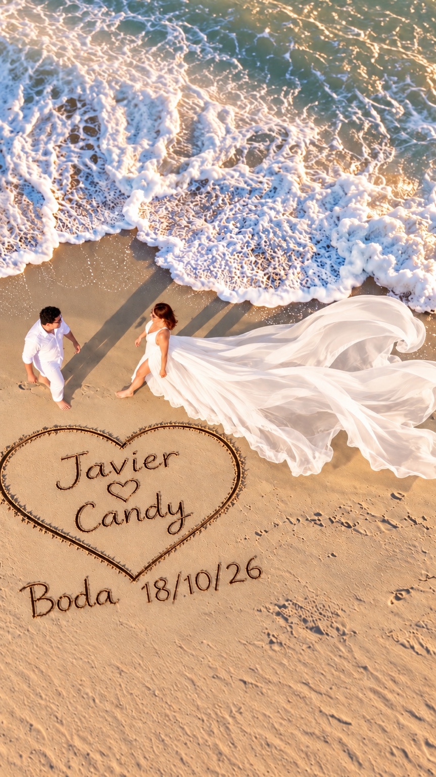Vista aérea de Javier y Candy junto a las olas, con vestido blanco extendido y un corazón en la arena con sus nombres y la fecha 18/10/26