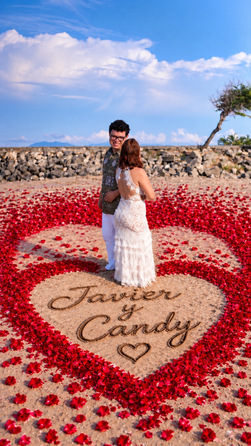Javier y Candy en la playa junto a un corazón de pétalos rojos con sus nombres escritos en la arena