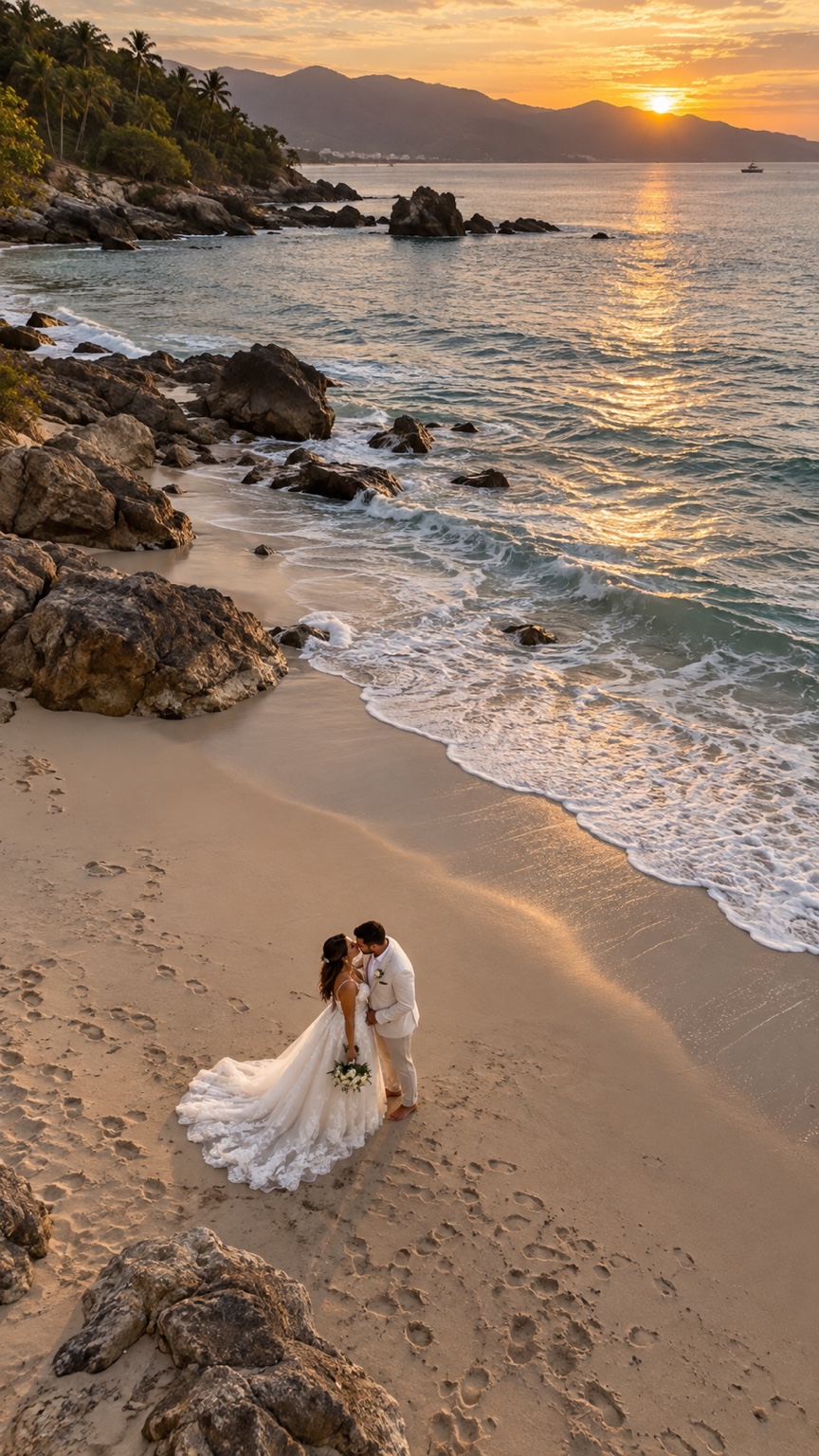 Vista aérea de recién casados besándose en una playa rocosa al atardecer