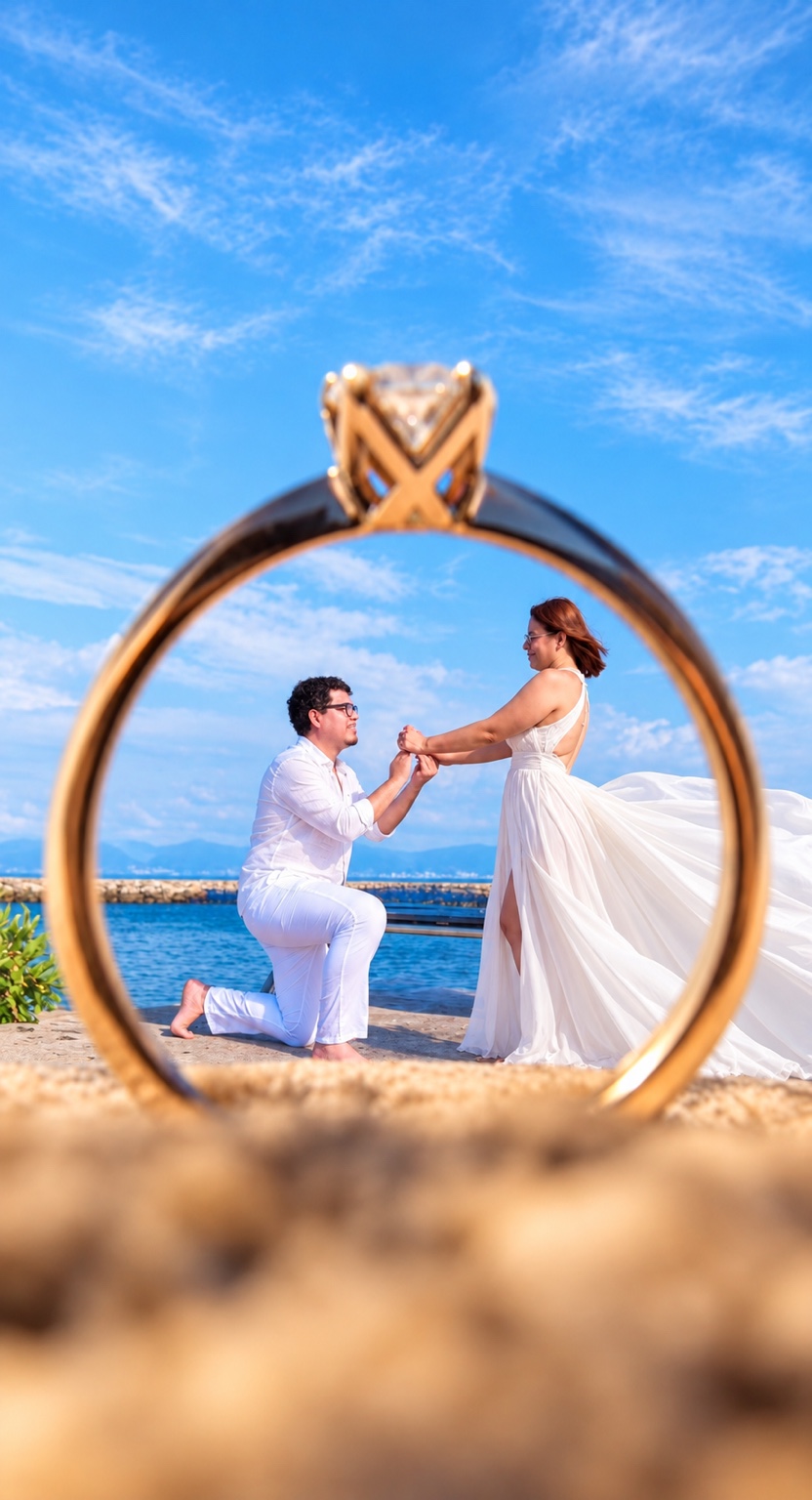 Propuesta de matrimonio junto al mar enmarcada por un anillo de compromiso en primer plano