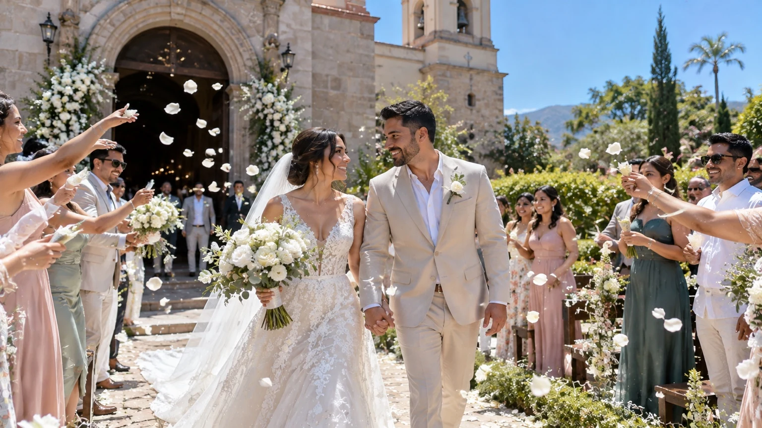 Novios a la salida de una iglesia rodeados por invitados que lanzan pétalos