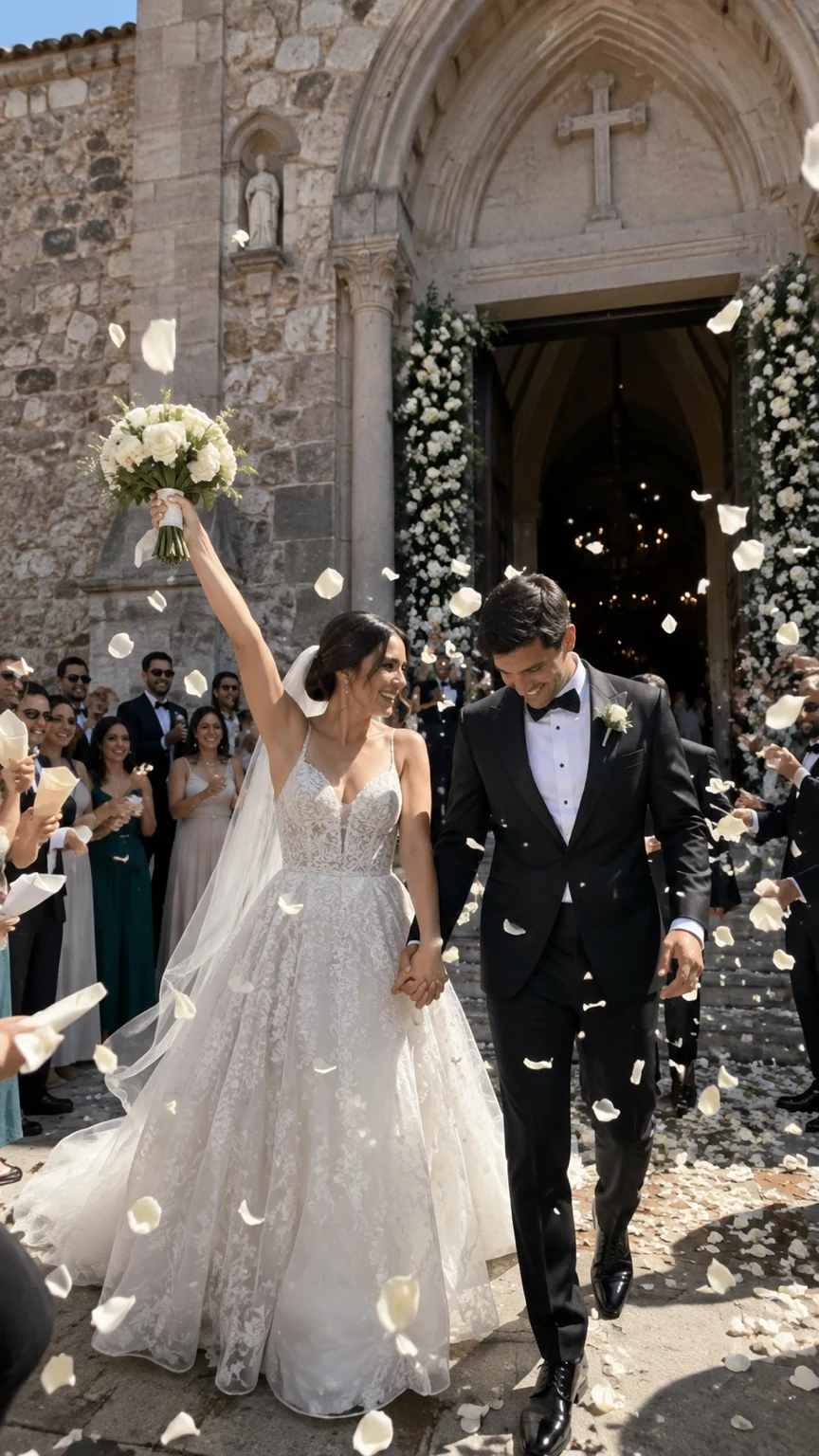 Novios saliendo de la iglesia de la mano mientras sus invitados lanzan pétalos