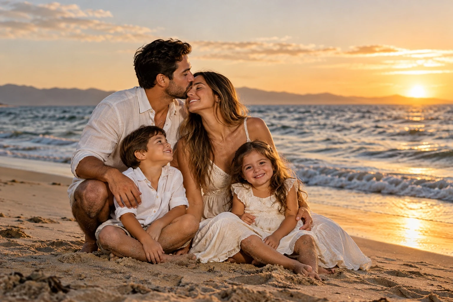 Retrato familiar junto al mar al atardecer, con un beso y los niños sonriendo