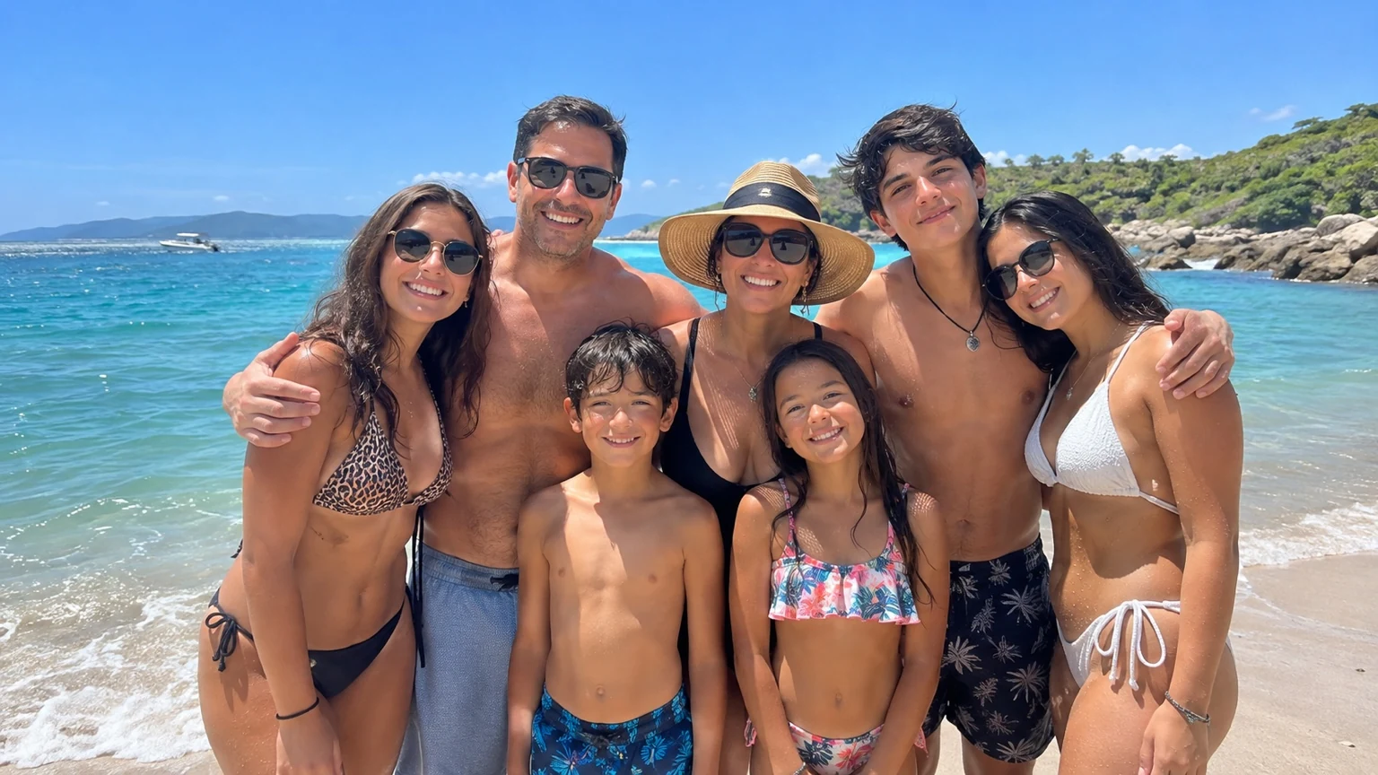 Familia con trajes de baño y lentes de sol reunida frente al mar turquesa