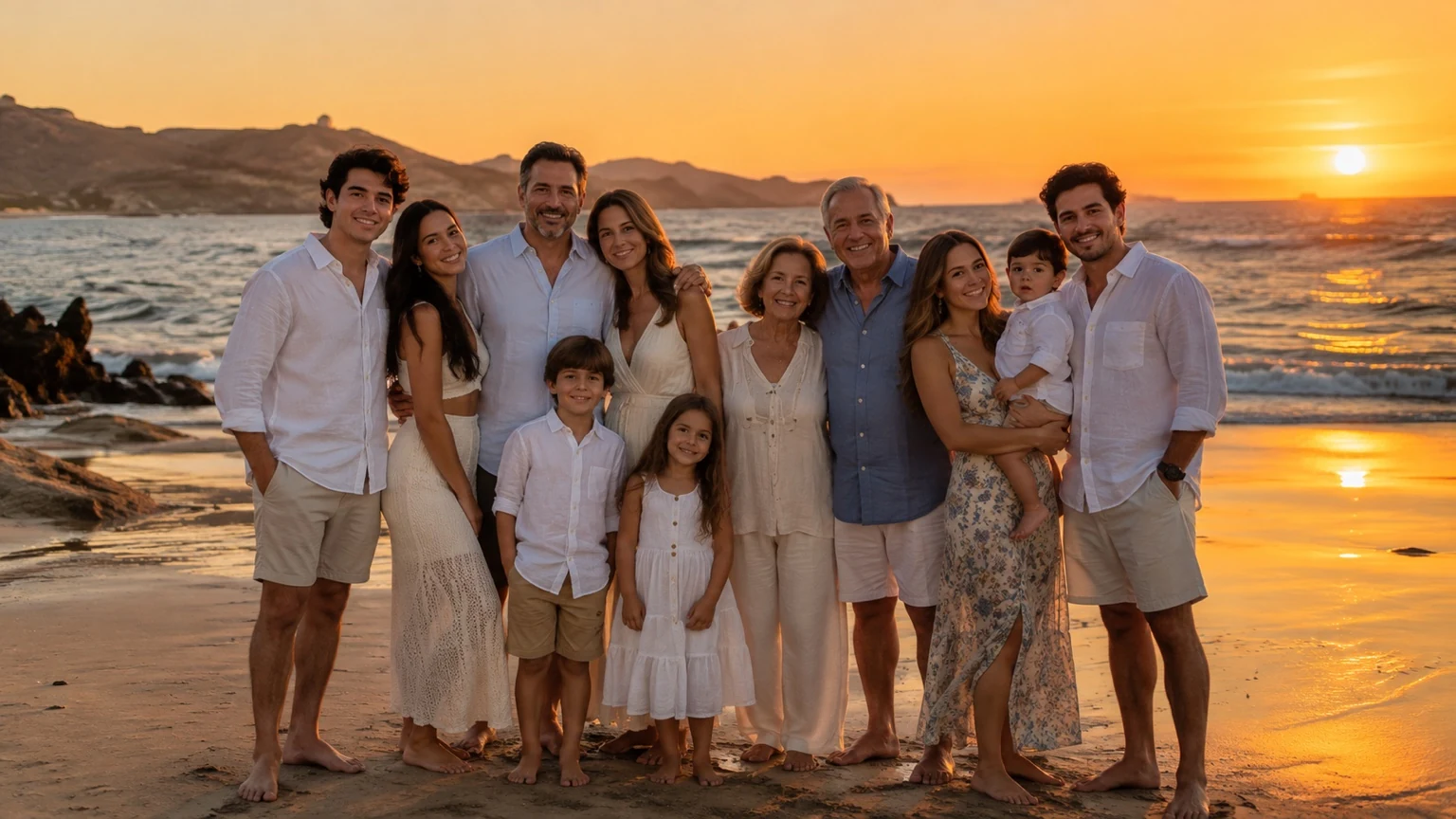 Retrato de una familia de varias generaciones en la playa con el sol poniéndose al fondo