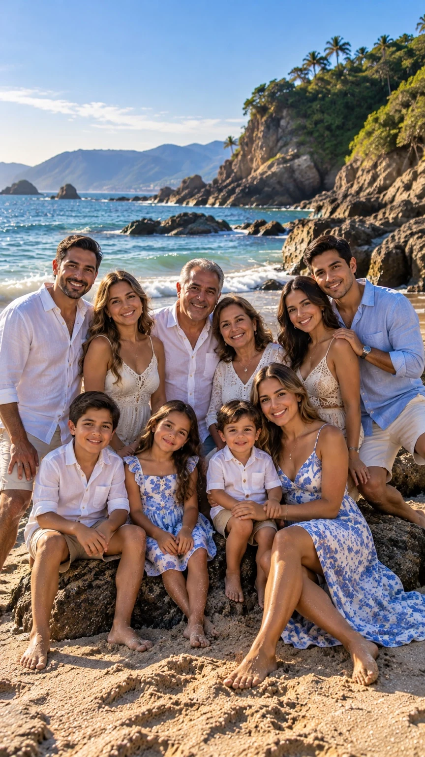 Familia de varias generaciones con ropa blanca y azul reunida junto a las rocas de la playa