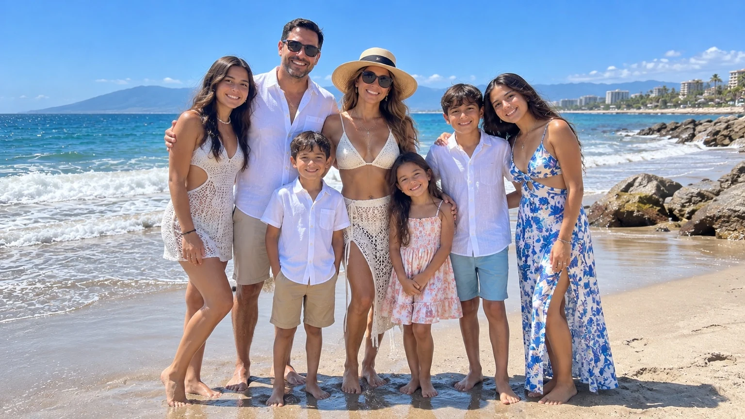 Grupo familiar con ropa blanca y azul reunido junto a las olas