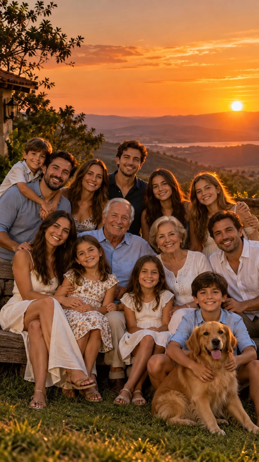 Familia de varias generaciones con un perro dorado en un jardín al atardecer