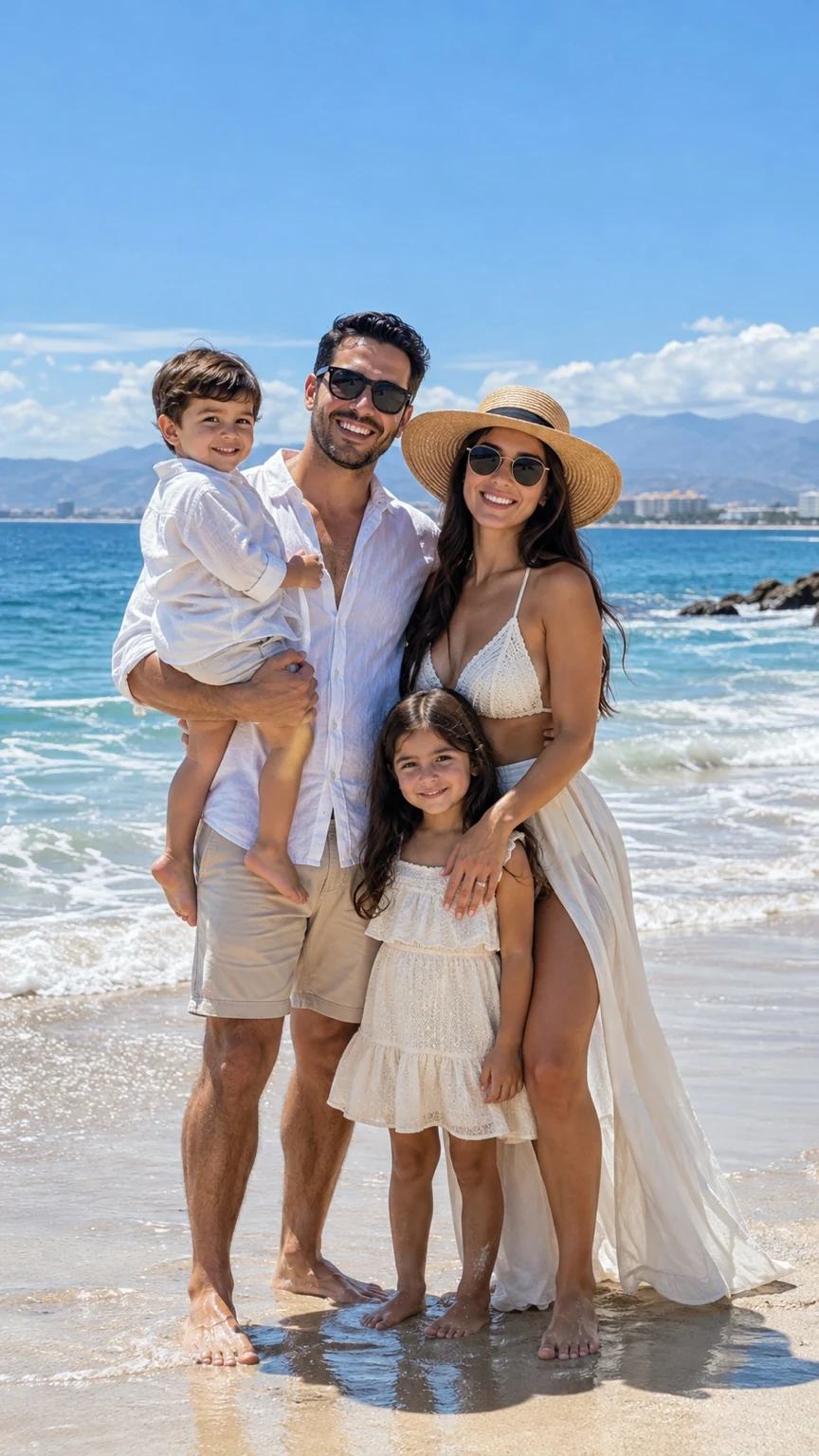 Familia con dos hijos en la orilla del mar, vestida en tonos blancos