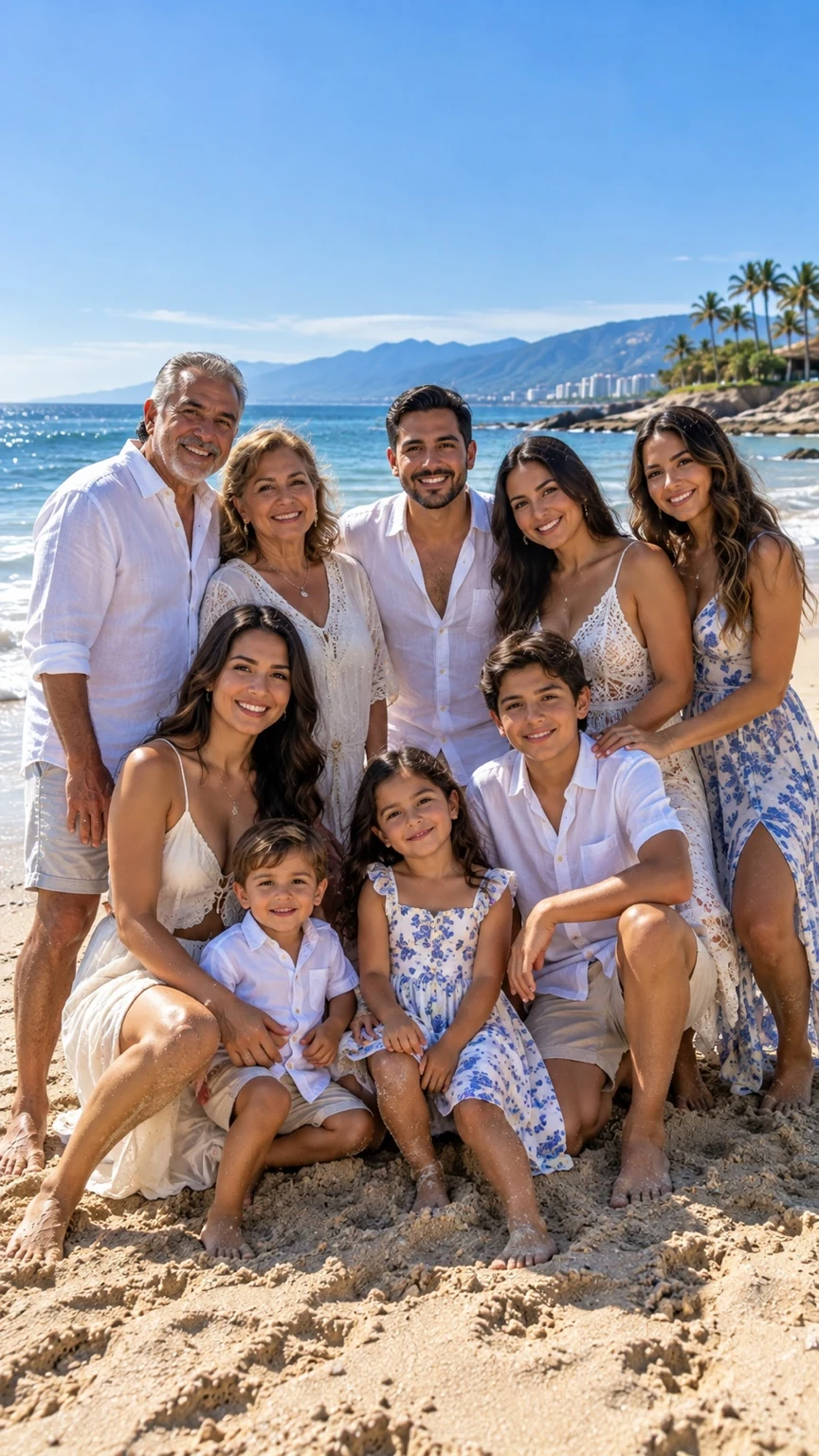 Retrato de una familia de varias generaciones reunida en la playa