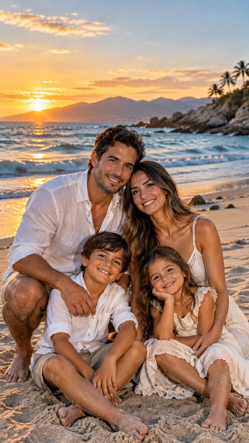 Familia con dos niños sentada en la playa durante un atardecer dorado