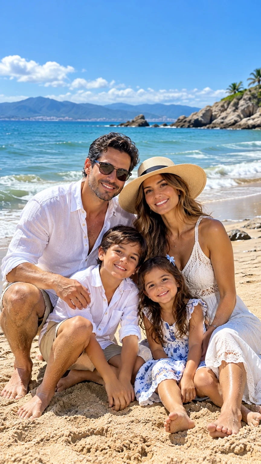 Familia con dos niños sentada en la arena frente al mar azul