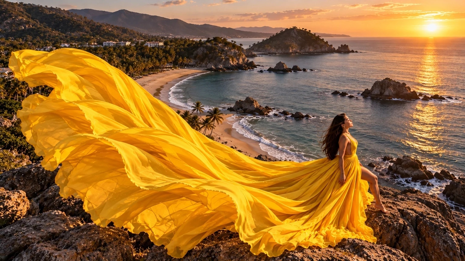 Vestido flying dress amarillo sobre un mirador de la costa al atardecer