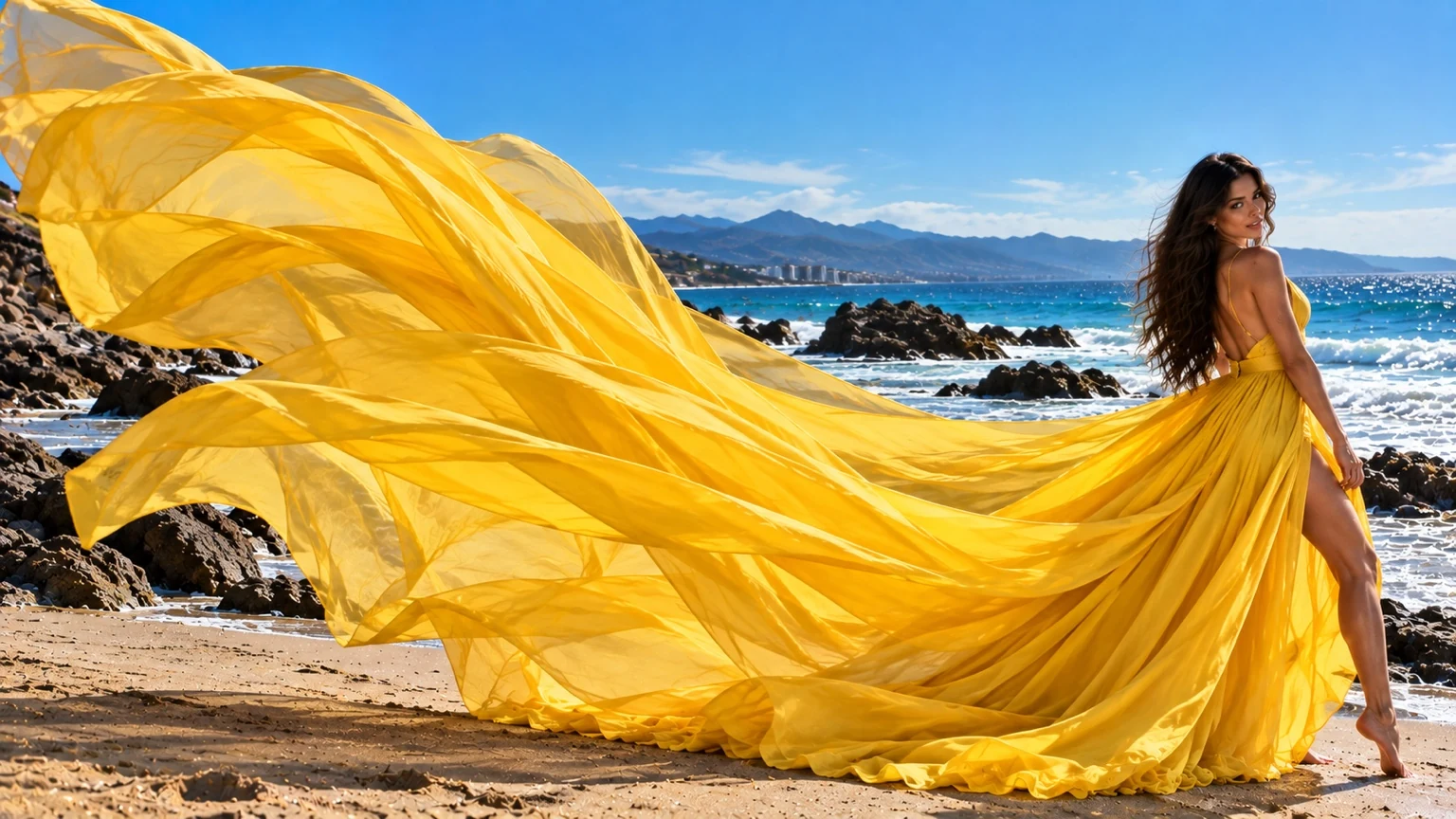 Vestido flying dress amarillo de cola larga ondeando en la playa frente al mar