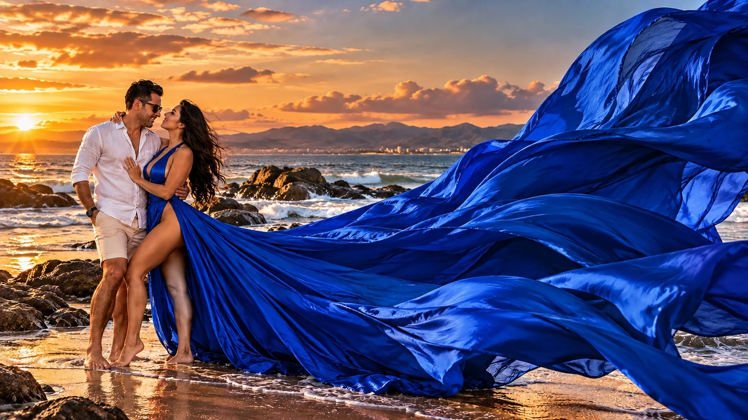 Pareja al atardecer en la playa con un vestido flying dress azul de cola larga