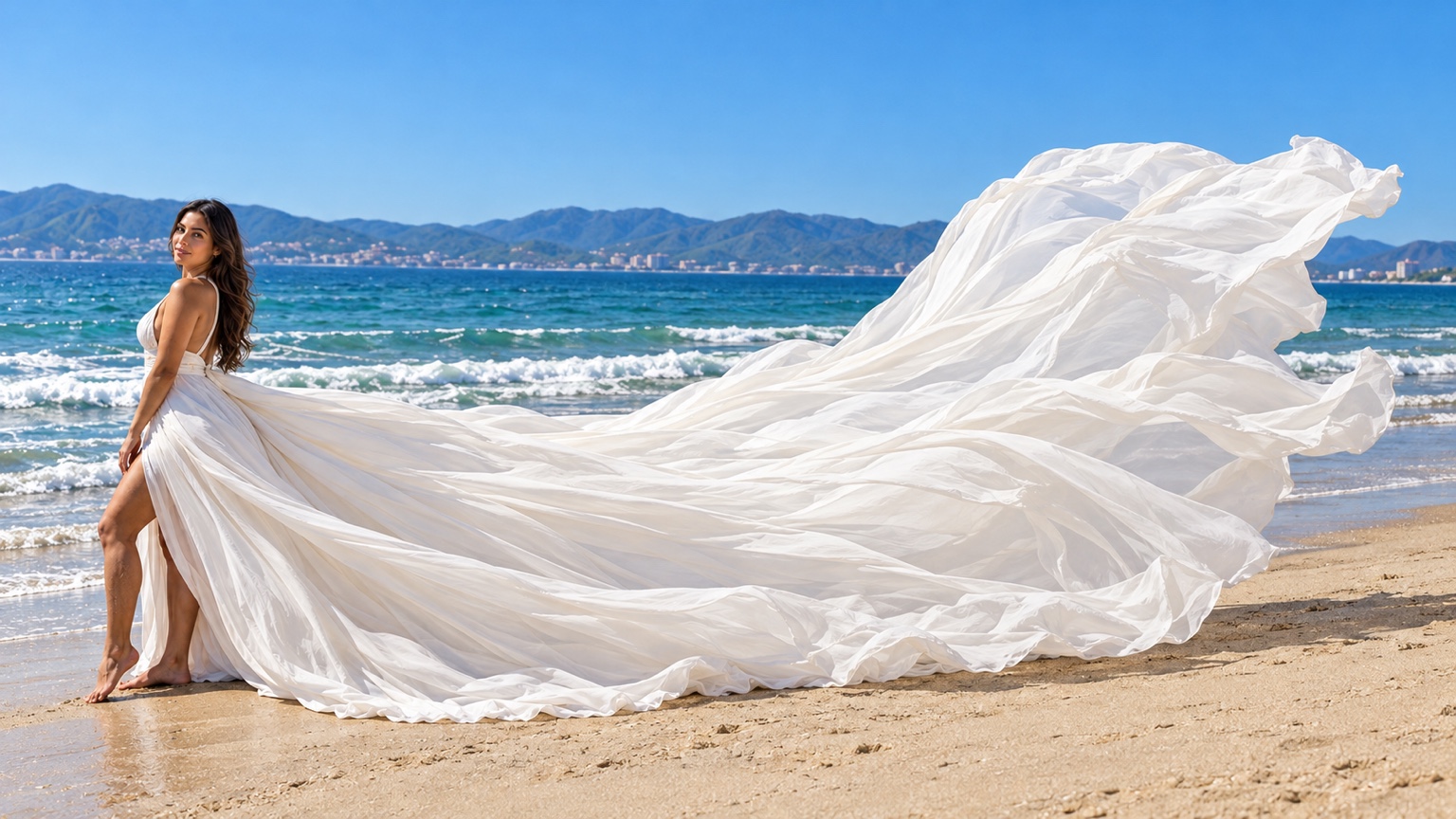 Mujer a la izquierda con vestido flying dress blanco de cola muy amplia ondeando hacia la derecha en una playa de Bahía de Banderas