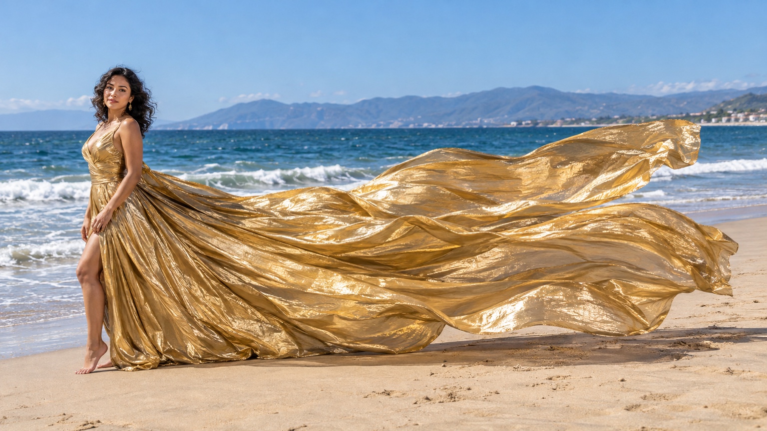 Mujer con vestido flying dress dorado brillante y cola amplia ondeando sobre la arena junto al mar de Bahía de Banderas