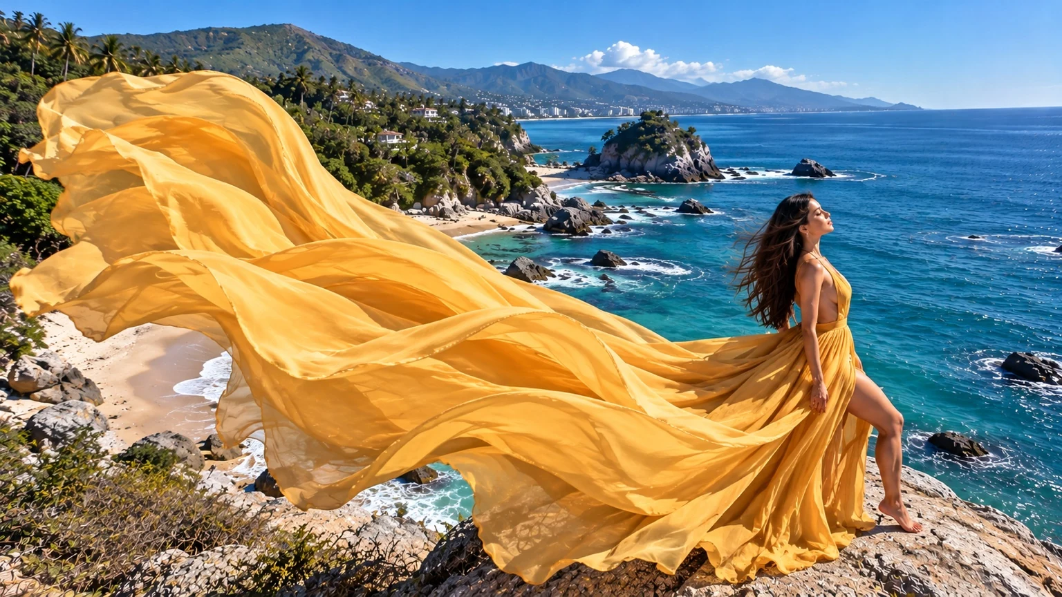Vestido flying dress dorado extendido sobre la costa
