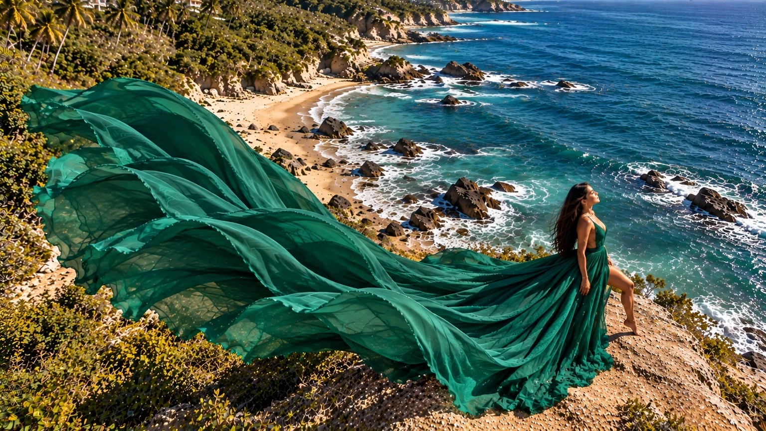 Vestido flying dress verde esmeralda ondeando sobre un acantilado junto al mar