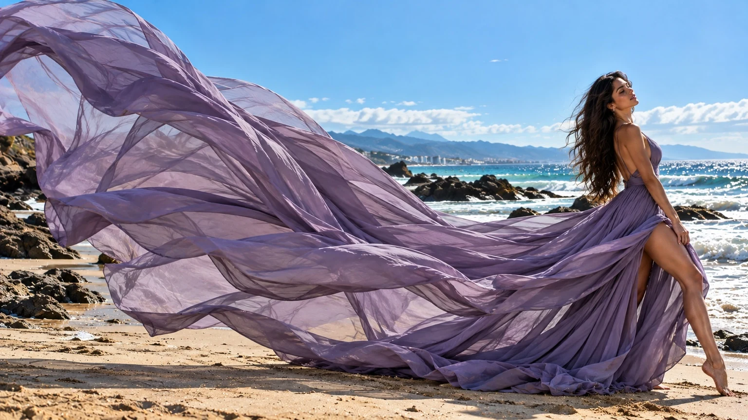 Vestido flying dress lavanda extendido por el viento junto a las rocas y el mar