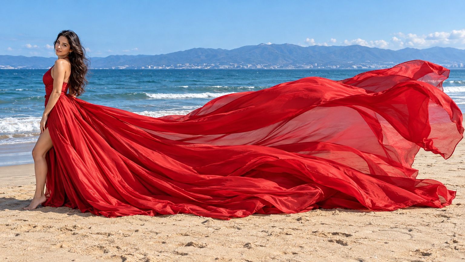 Mujer con vestido flying dress rojo y cola larga de varias capas ondeando frente al mar en Bahía de Banderas