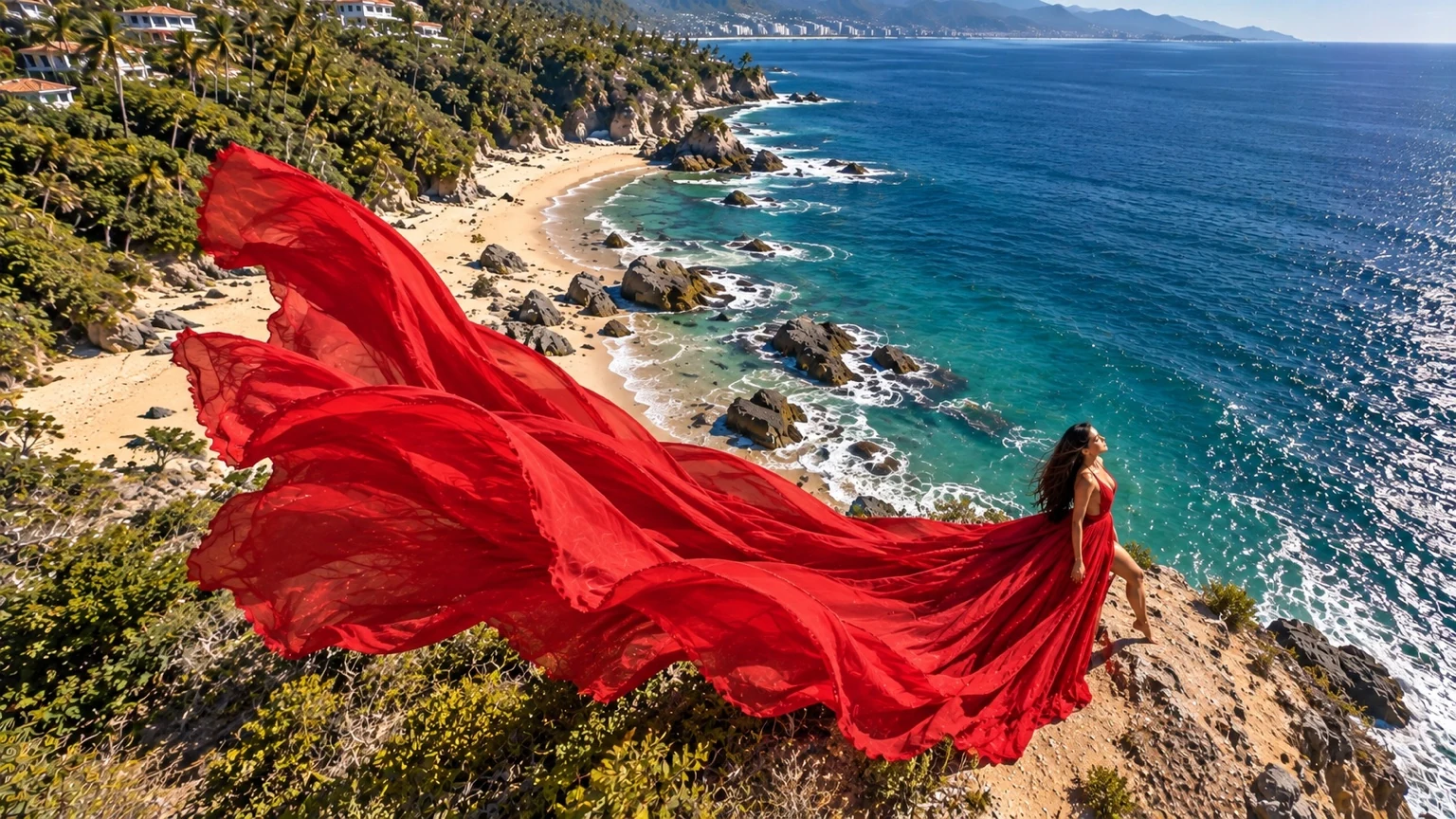 Vestido rojo de cola amplia extendido sobre las rocas frente al mar
