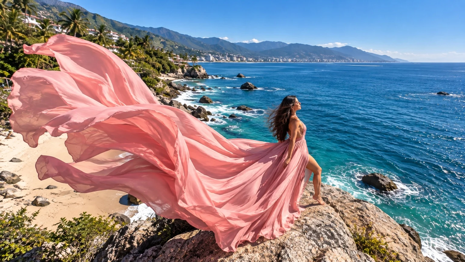 Mujer con vestido flying dress rosa extendido sobre la costa junto al mar