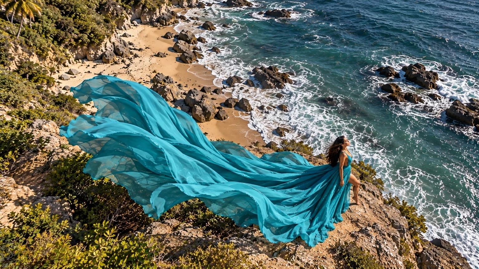 Vestido flying dress turquesa ondeando sobre un acantilado frente al mar