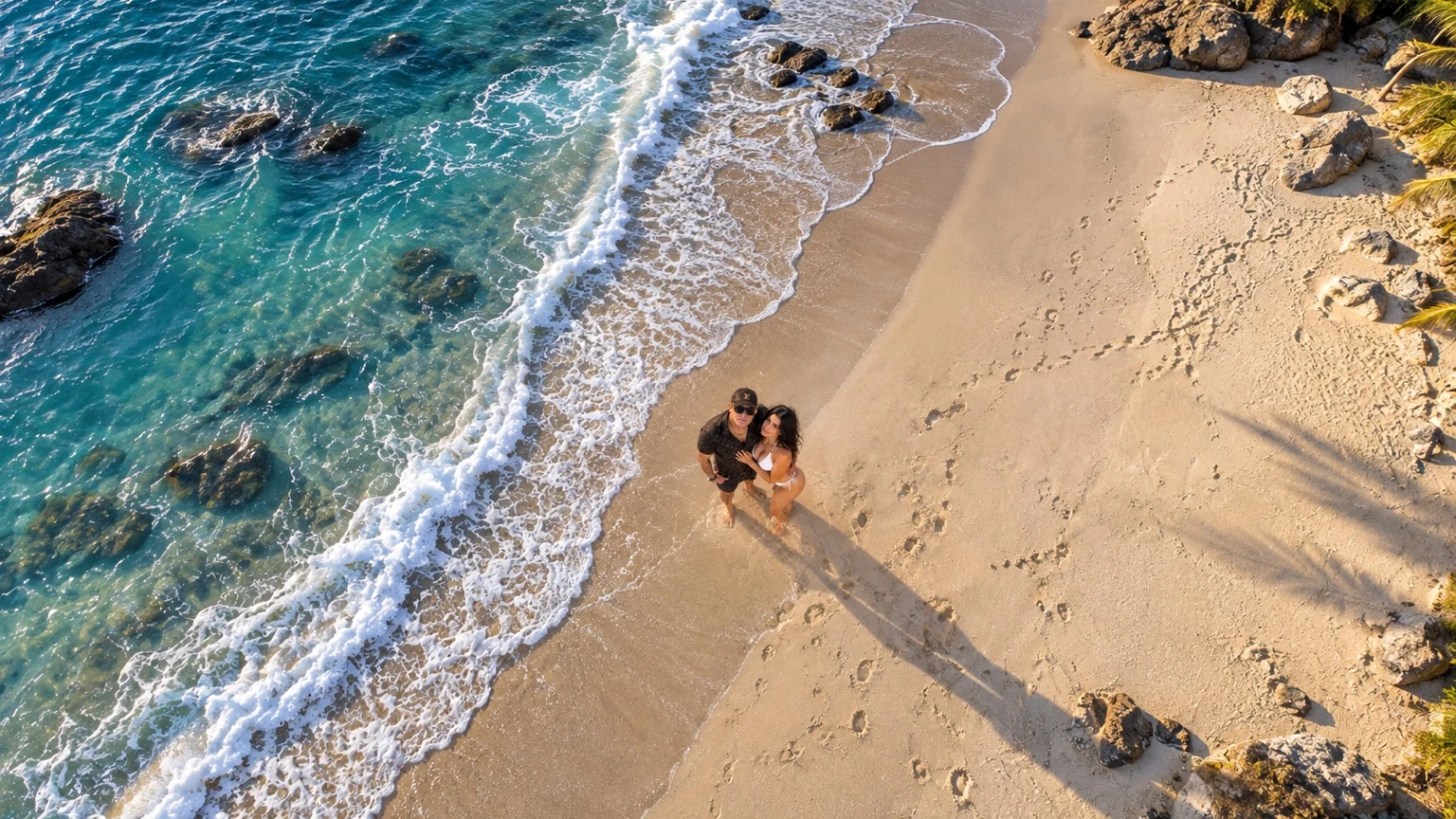 Perspectiva aérea amplia de una pareja en la playa con las olas y las rocas alrededor