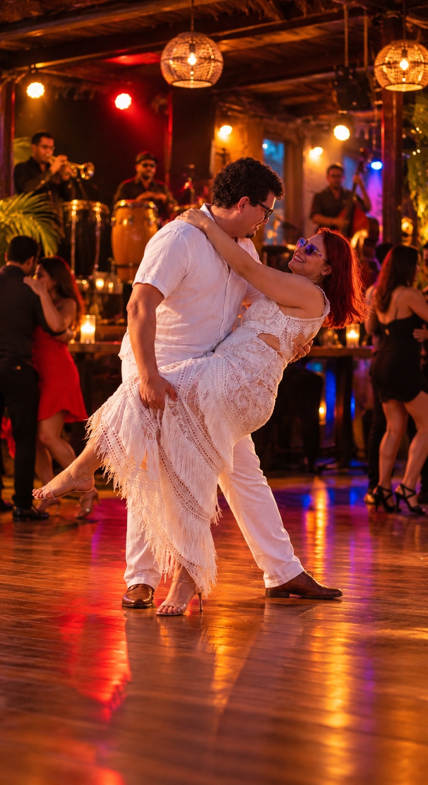 Javier y Candy bailando salsa en una pista de madera con músicos y luces cálidas al fondo