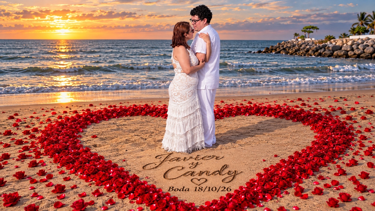 Javier y Candy abrazados dentro de un corazón de pétalos rojos en la playa con sus nombres escritos en la arena