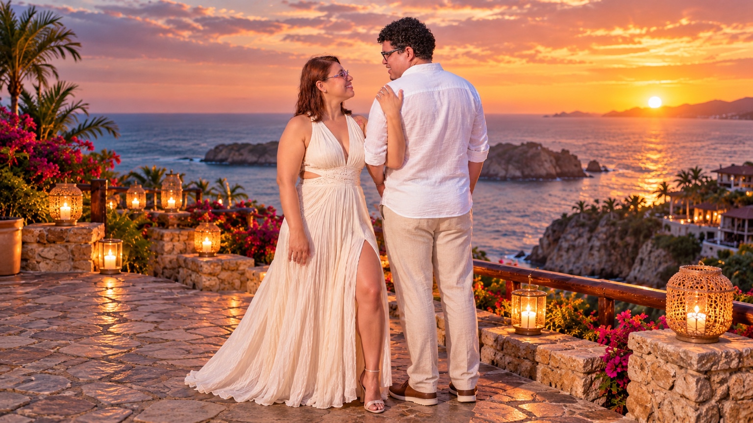 Javier y Candy mirándose en una terraza con faroles encendidos y el mar al atardecer