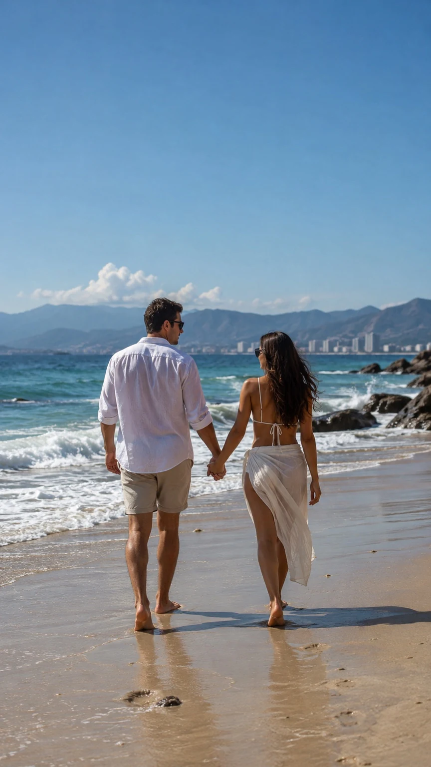 Pareja de espaldas tomada de la mano mirando el mar y las montañas