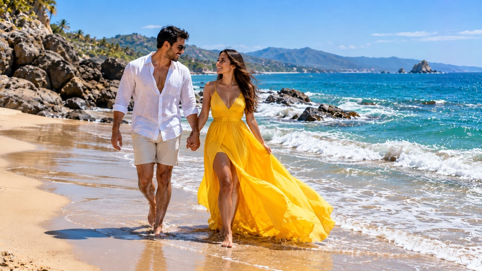 Pareja caminando de la mano por la playa, ella con vestido amarillo