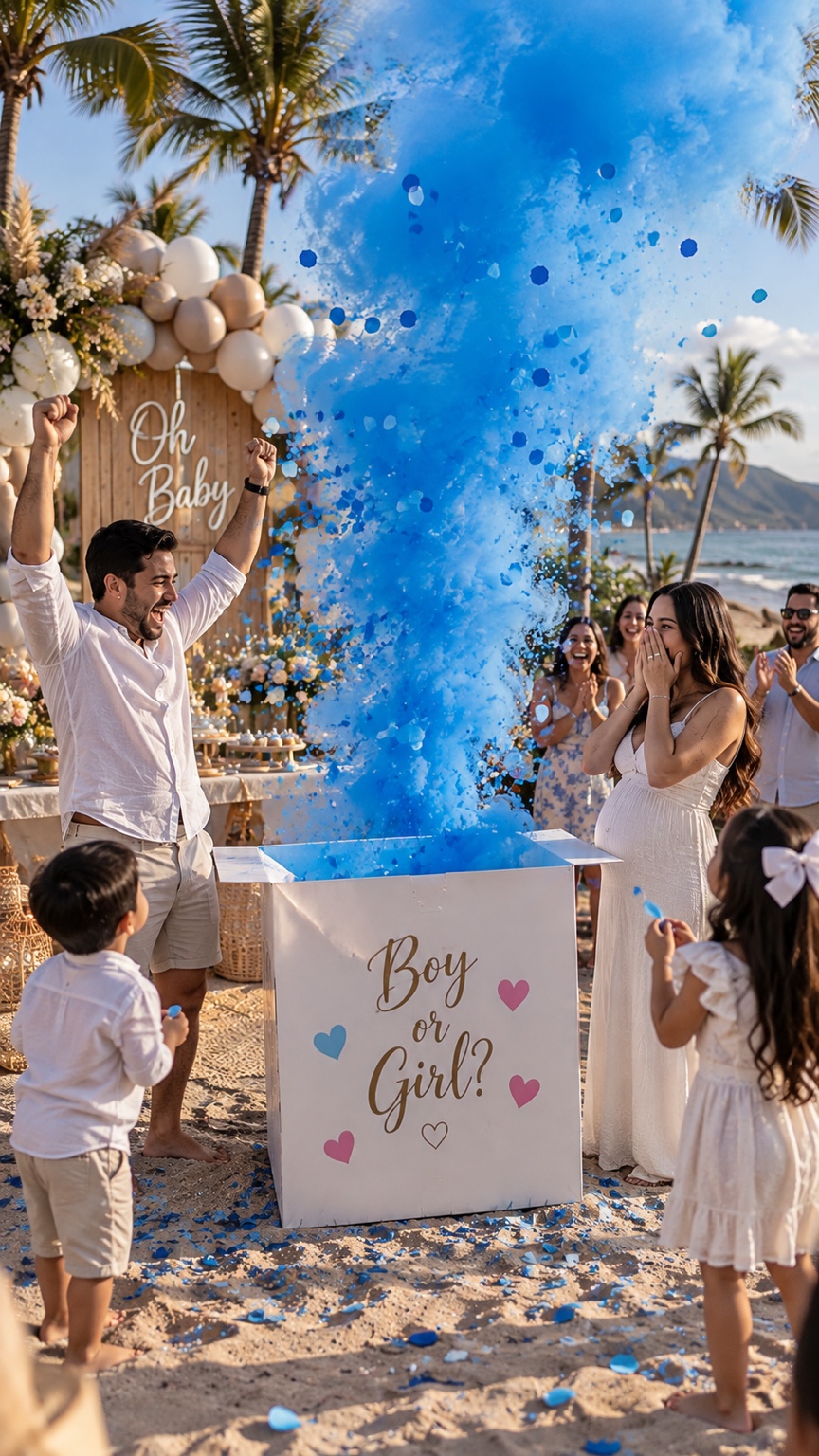 Pareja con niños e invitados celebrando una revelación con humo azul en la playa