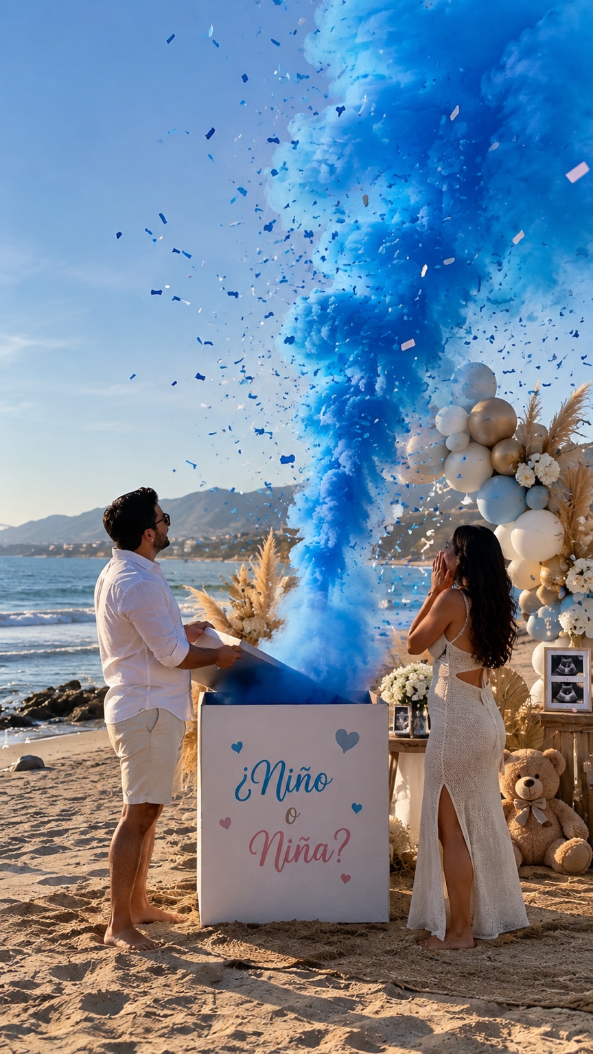 Pareja abriendo una caja con humo y confeti azul en la playa