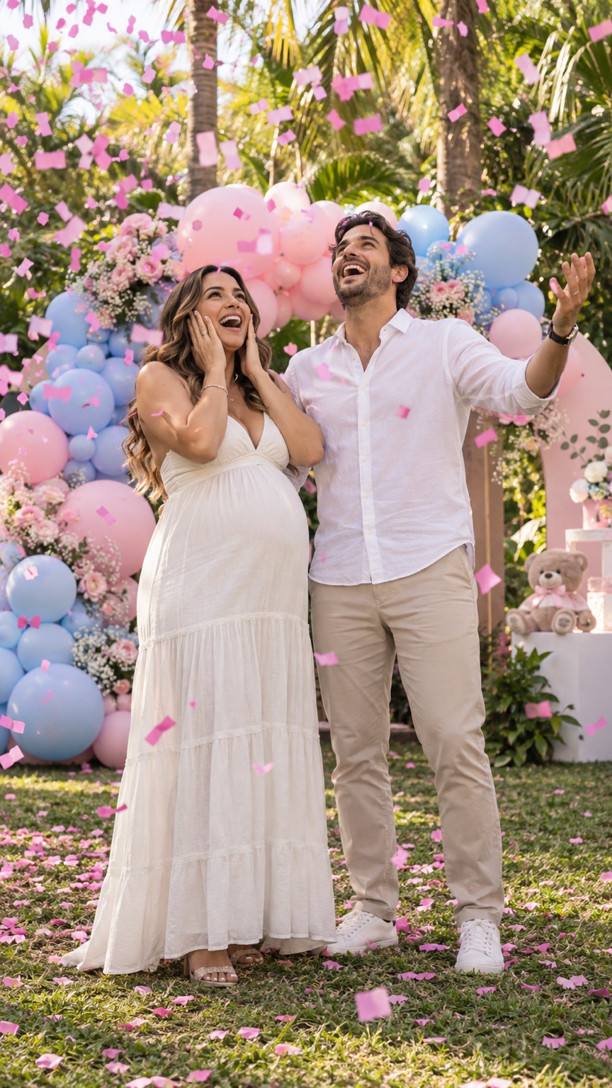 Pareja celebrando bajo confeti rosa en un jardín con globos y flores