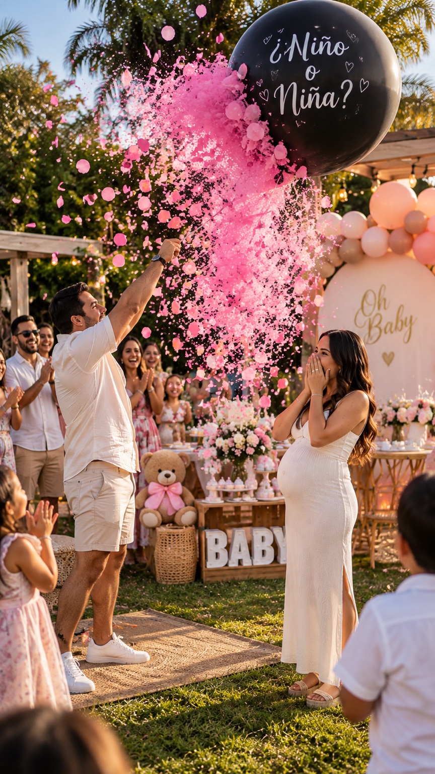 Pareja rodeada de familiares al revelar confeti rosa de un globo negro en un jardín