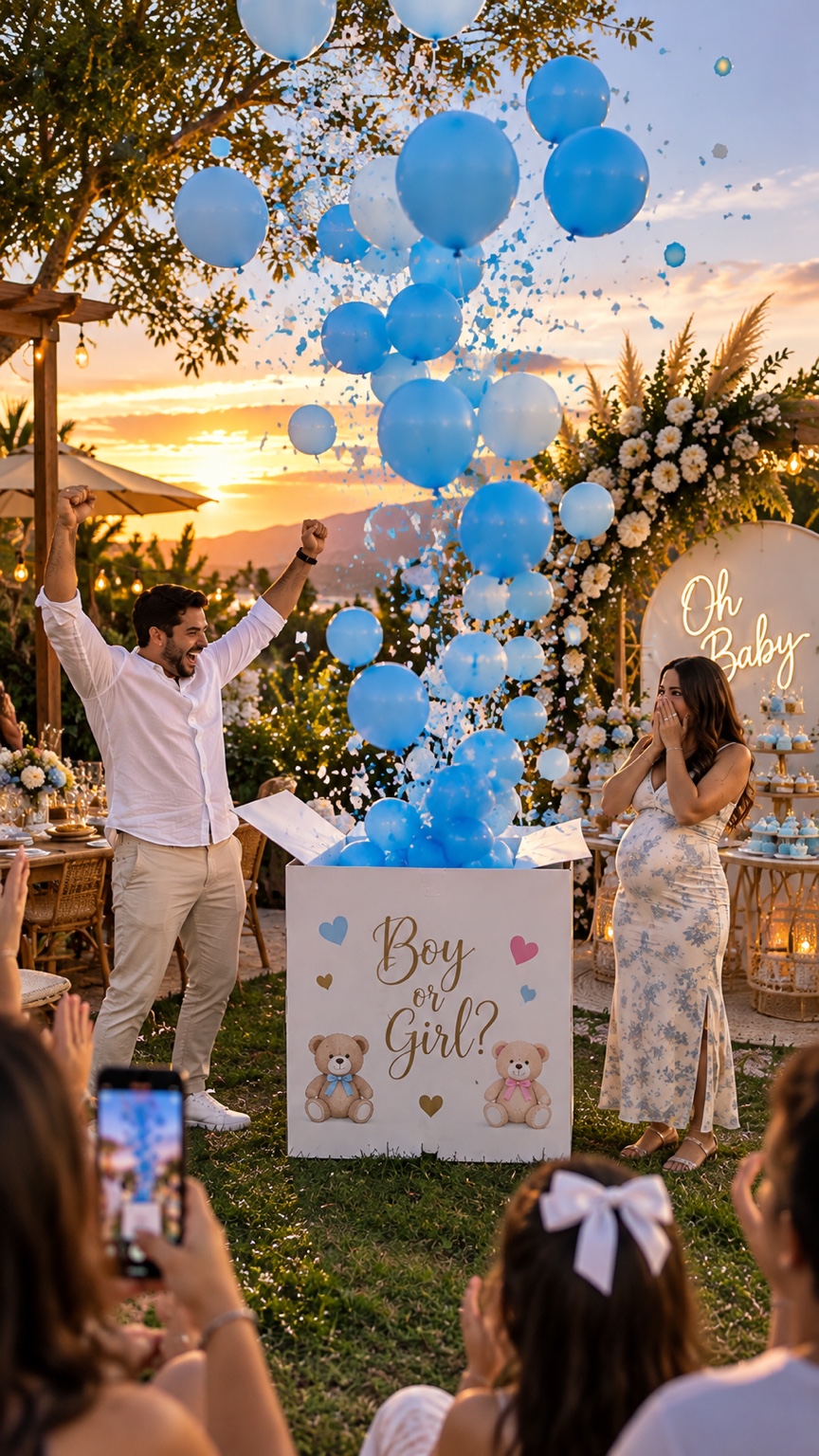 Pareja celebrando con globos y confeti azul en un jardín al atardecer