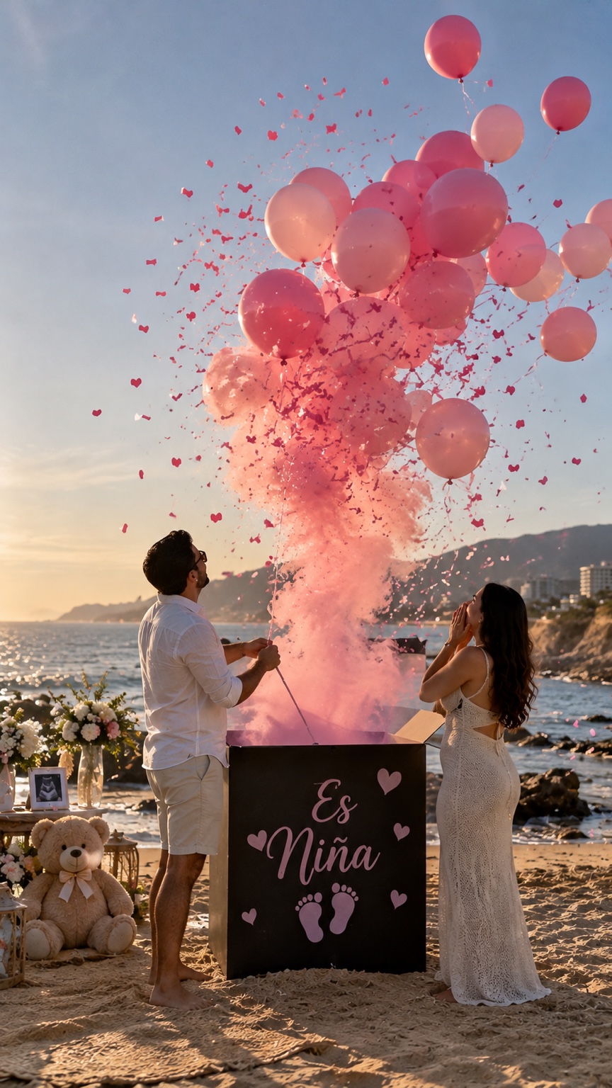 Pareja descubriendo globos y humo rosa en una celebración junto al mar