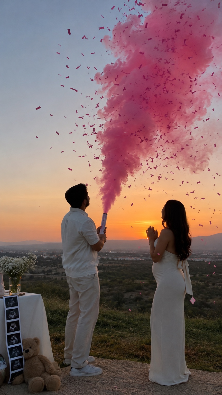Pareja mirando una nube de humo rosa desde un mirador al atardecer