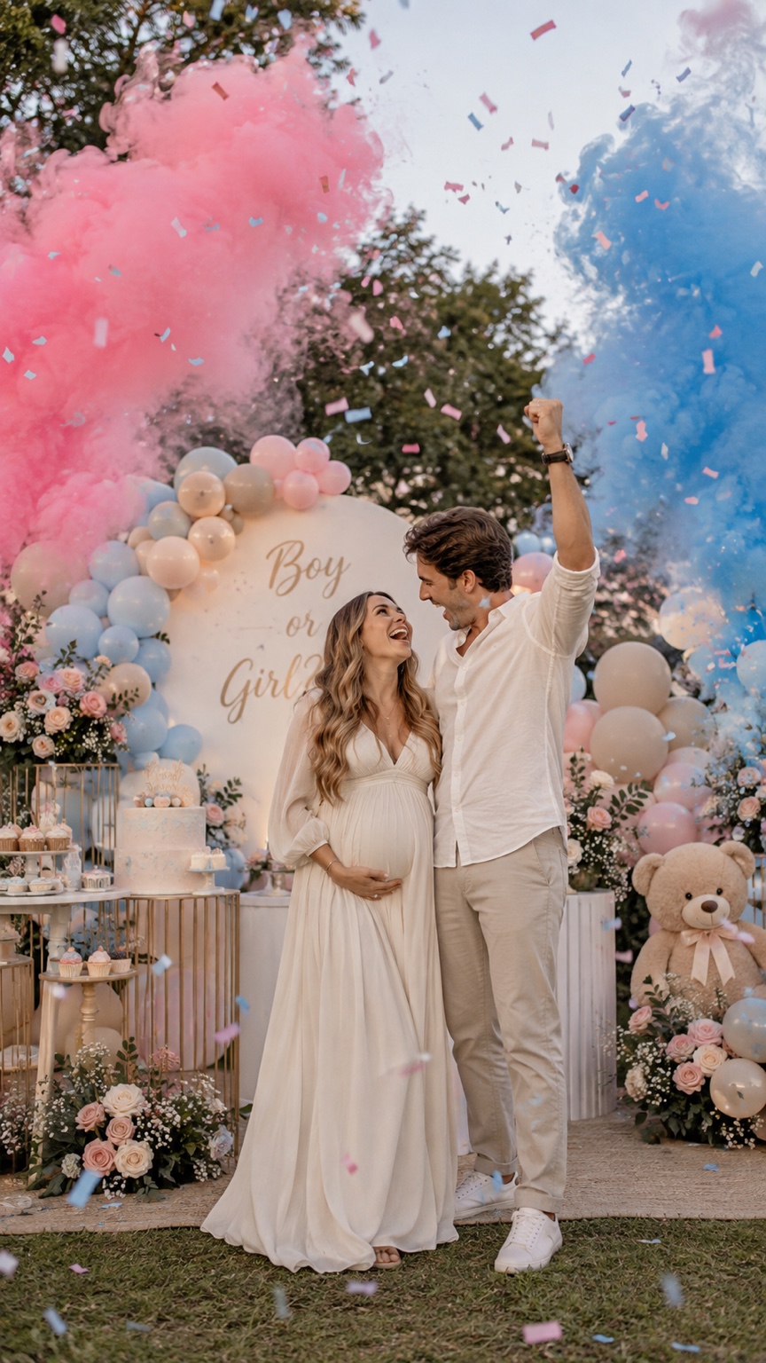 Pareja sonriendo entre humo rosa y azul con decoración de globos y flores