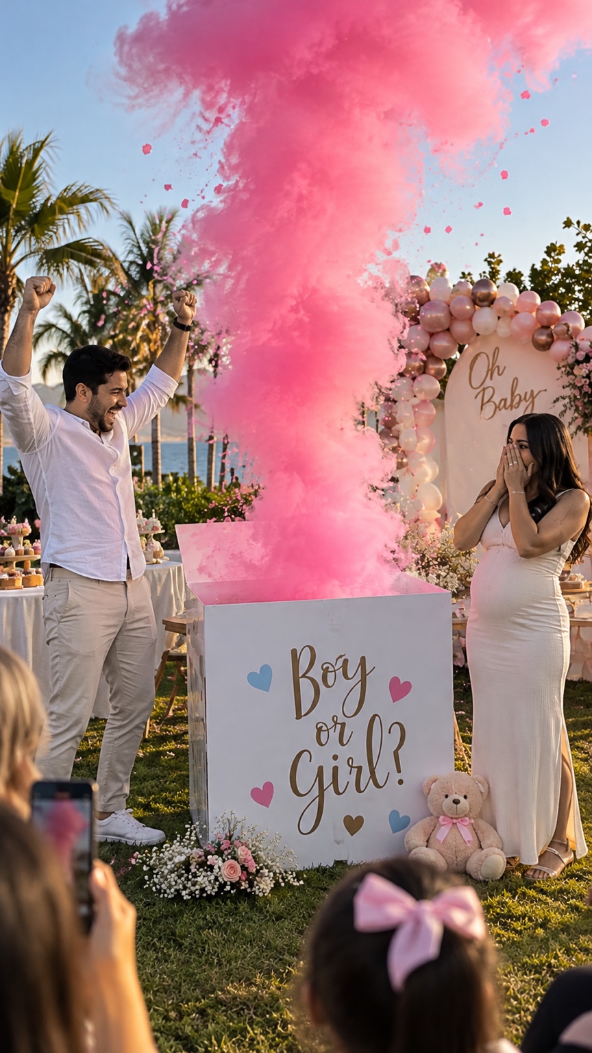 Pareja celebrando una revelación con humo rosa ante sus invitados