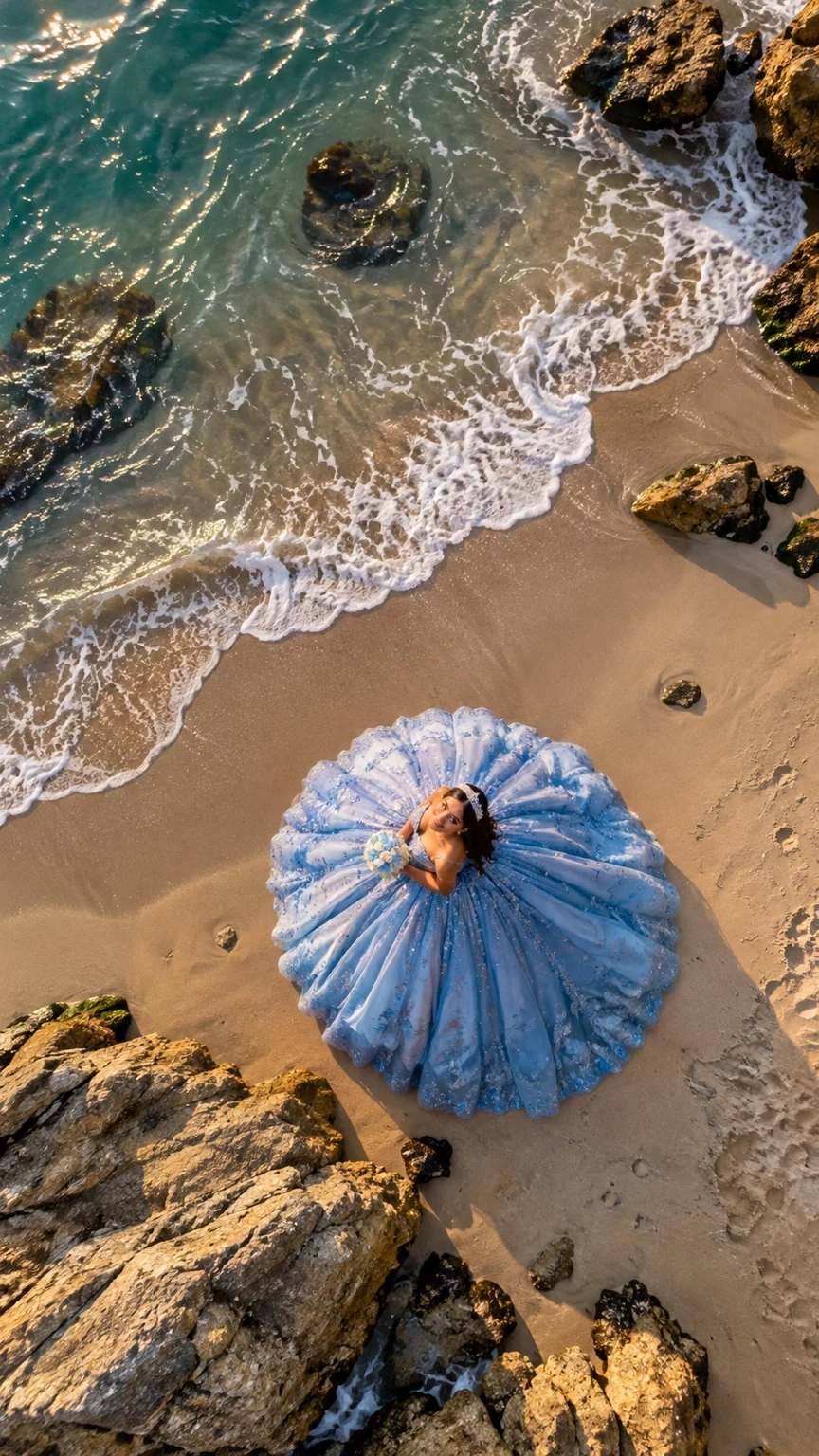 Vista desde arriba de una quinceañera con vestido azul extendido en la arena junto a las olas
