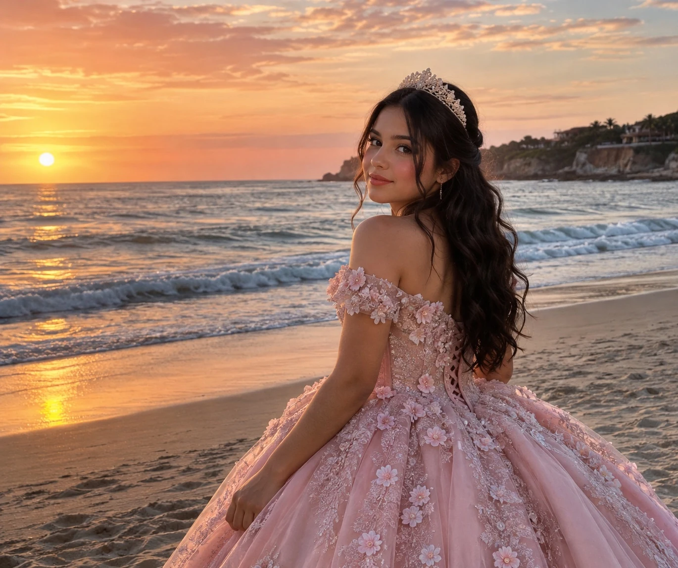 Retrato de quinceañera con vestido rosa frente al mar y un cielo de atardecer