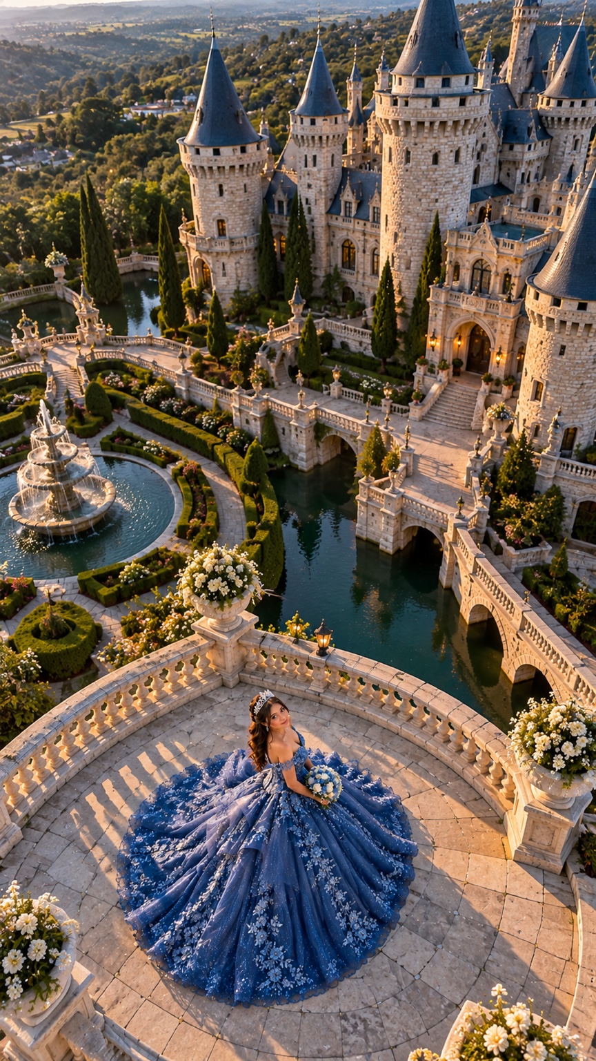 Vista aérea de una quinceañera con vestido azul en una terraza circular frente a un castillo